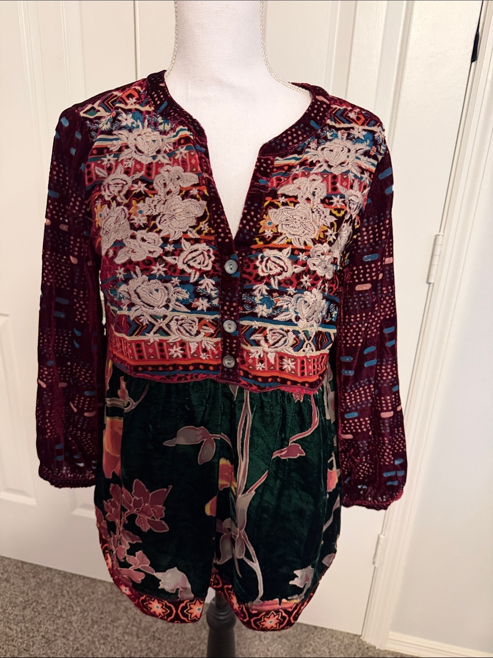 John Mark Embroidered Mixed-Print Tunic in Burgundy and Forest Green